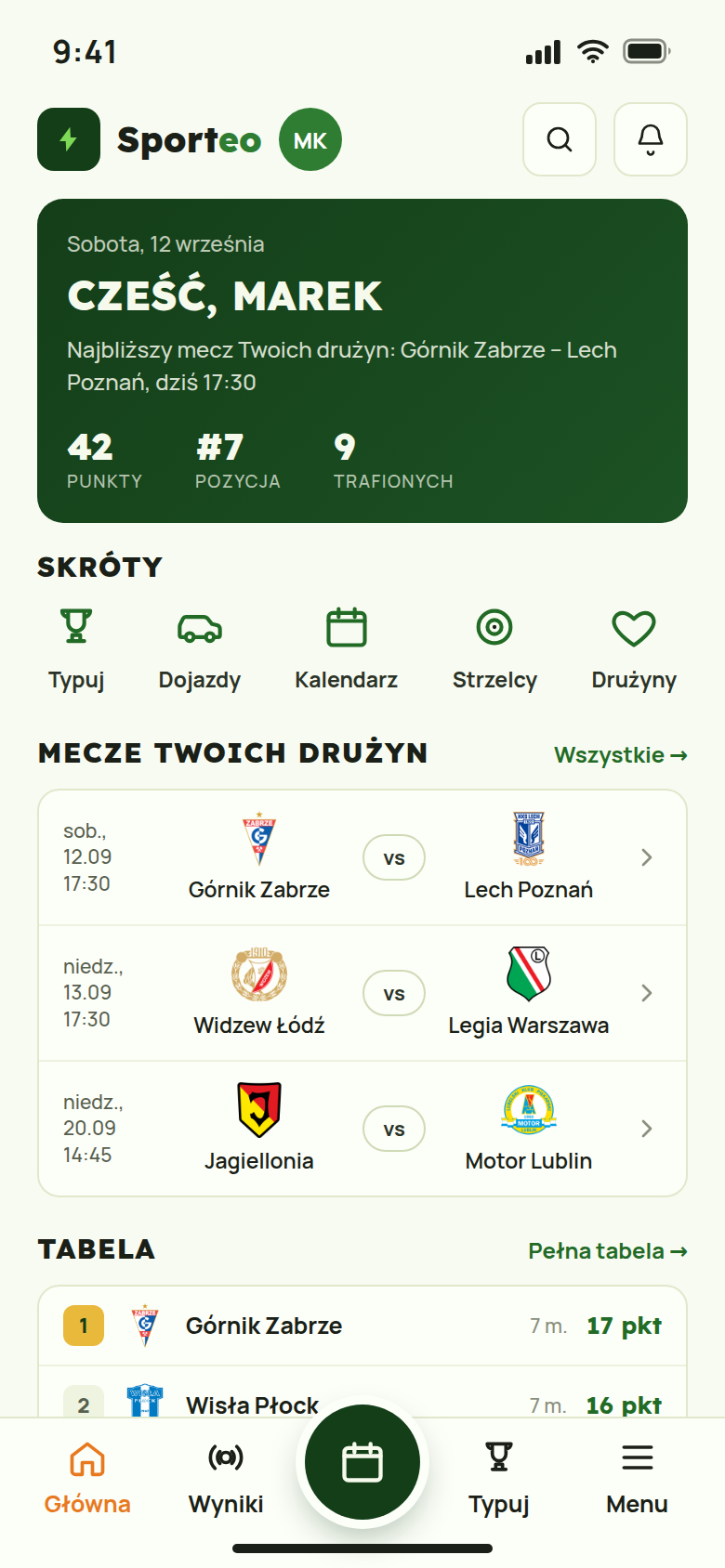 Ekran główny aplikacji Sportlinker: powitanie, skróty i mecze ulubionych drużyn