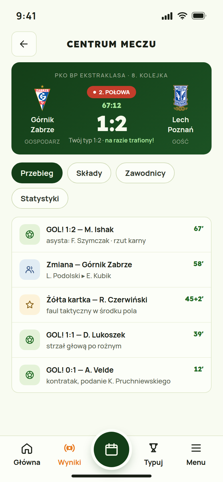 Centrum meczu: wynik, zakładki Przebieg, Składy, Zawodnicy i Statystyki oraz oś czasu zdarzeń